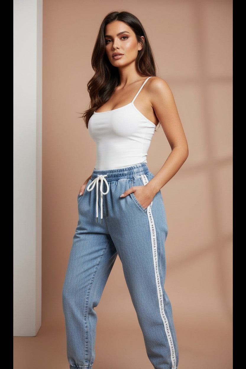 Guess Women Regular Fit Brand Logo Denim Jogger Jeans, Blue