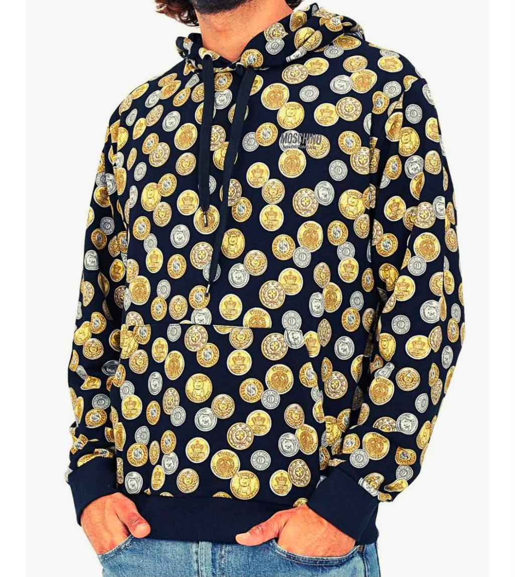 Moschino Underbear Felpa con Cappuccio Collezione Monete Cotone Nero