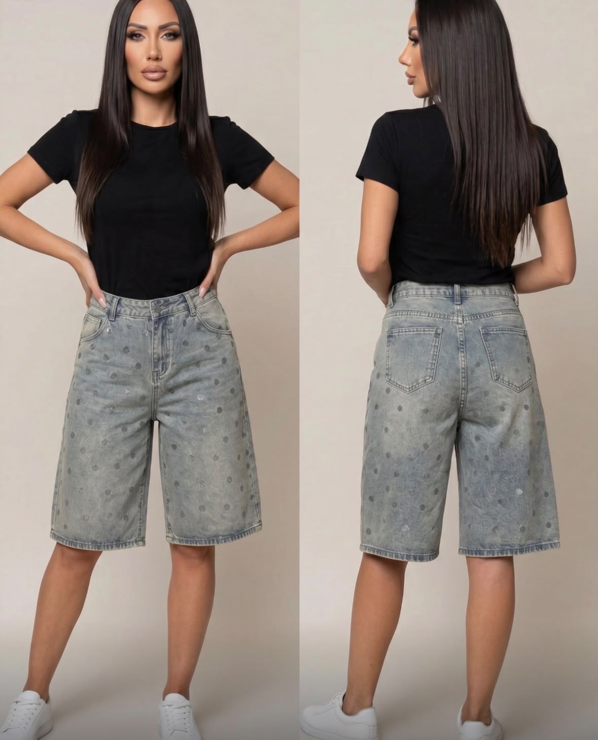 BERMUDA DENIM  A POIS STRASS SABBIA